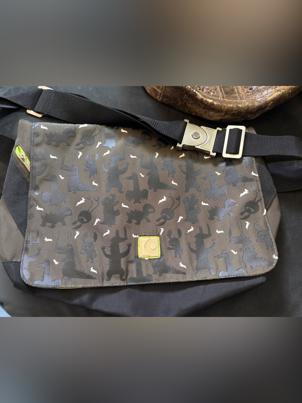 GAMA-GO Gray & Black Printed Monsters Messenger Bag with Lime Accent